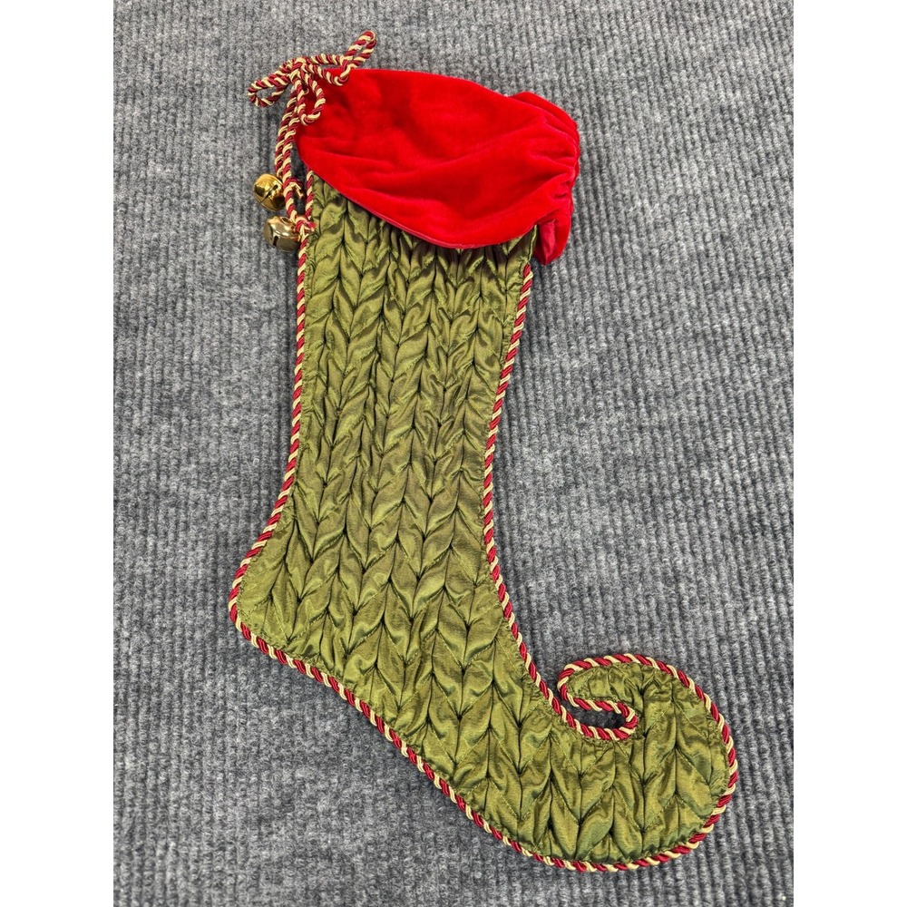 Elegant Olive Green Quilted Christmas Stocking Red Velvet Cuff Bells Elf Toe